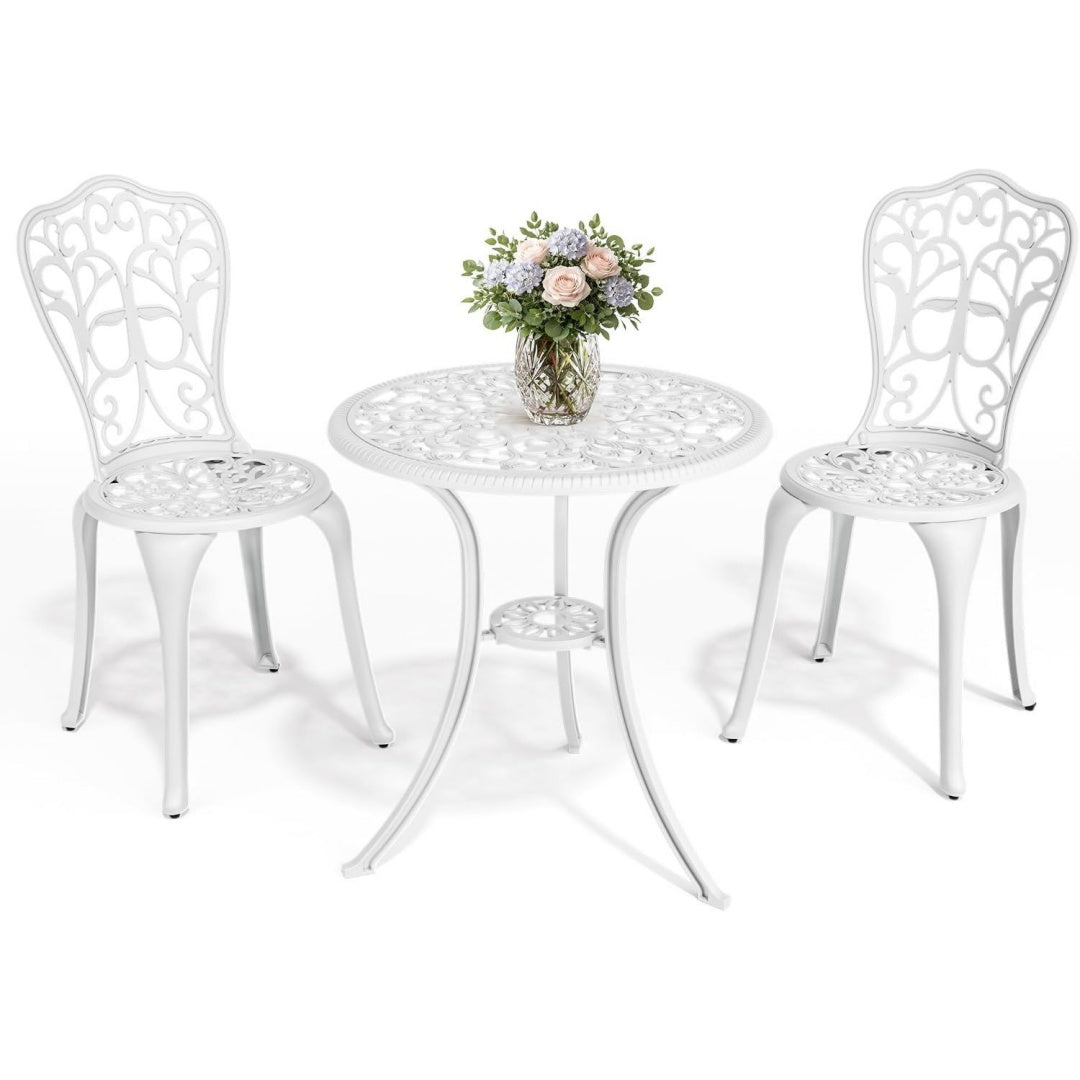 bistro set 3-teilig bistrotisch mit 2 stuehlen schirmloch mit sonnenschirmloch aluminium gartenmoebel set balkonmoebel set fuer terrasse veranda garten weiss