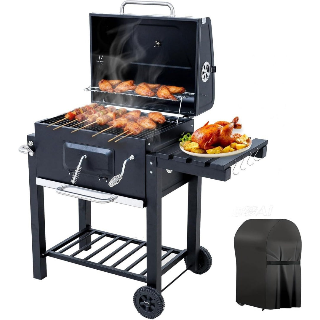 holzkohlegrill grill mit deckel grillflaeche 56425 cm hoehenverstellbare kohlenwanne faltbarer seitentisch mit grillabdeckungen wasserfest