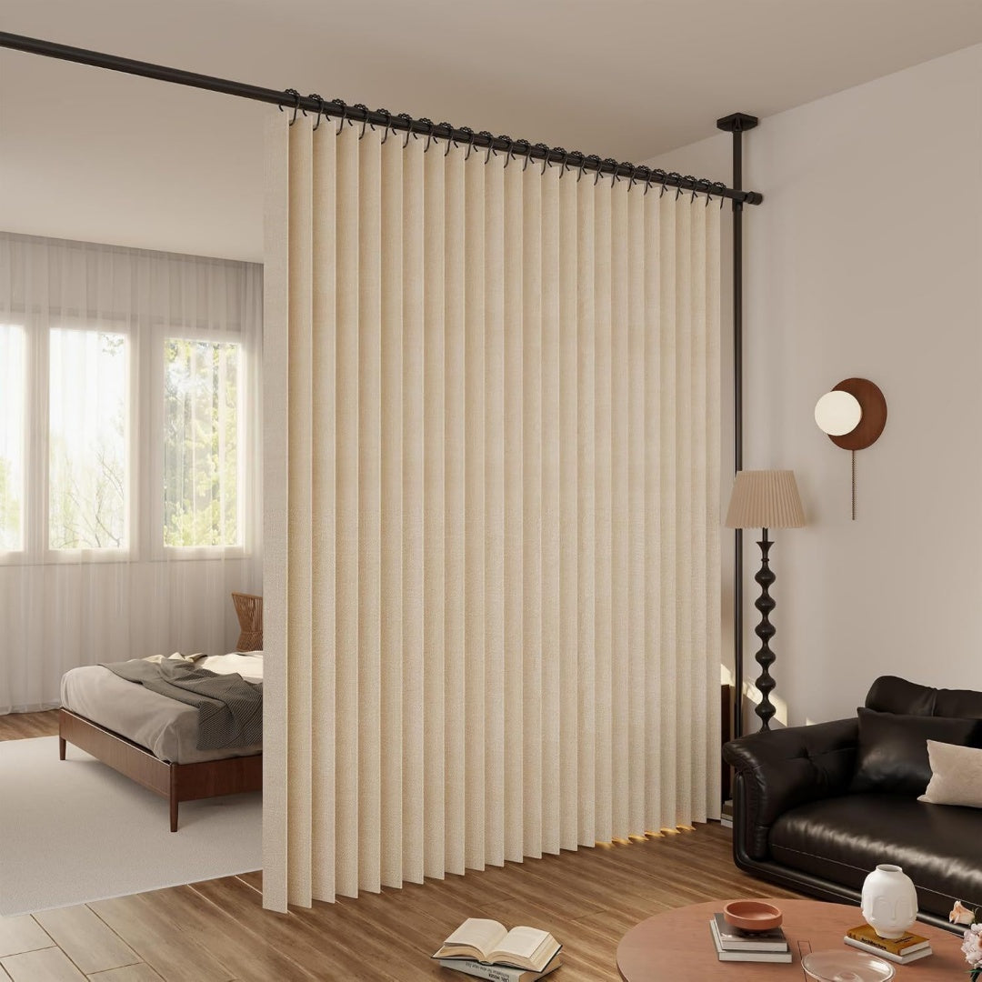 raumteiler vorhang extra breit trennvorhang faltbar mit 3d akkordeon-design sichtschutz fuer schlafzimmer buero raumtrenner inkl metallhaken leder-strap beige h220 x b254 cm