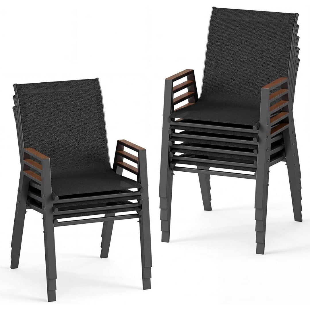 gartenstuehle stapelbar 8er set stapelstuehle bis 180 kg belastbar terrassenstuehle mit wpc-armlehnen atmungsaktives gewebe balkonstuehle fuer garten balkon terrasse schwarz