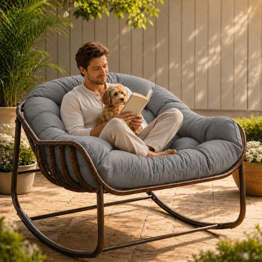 papasan-schaukelstuhl mit stahlrahmen und kissen 938464 cm breite sitzflaeche mit weichem kissen fuer wohnzimmer terrasse und balkon bis 136 kg farbe kissen dunkelgrau