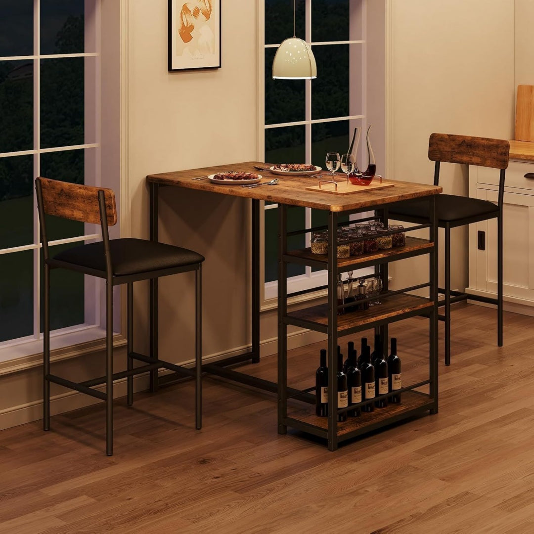 bartisch set 3-teilig bistrotisch set mit metallgestell 2 personen bartischset mit 2 gepolsterten stuehlen 3 ablagen esstisch fuer wohnzimmer esszimmer und kueche - braun