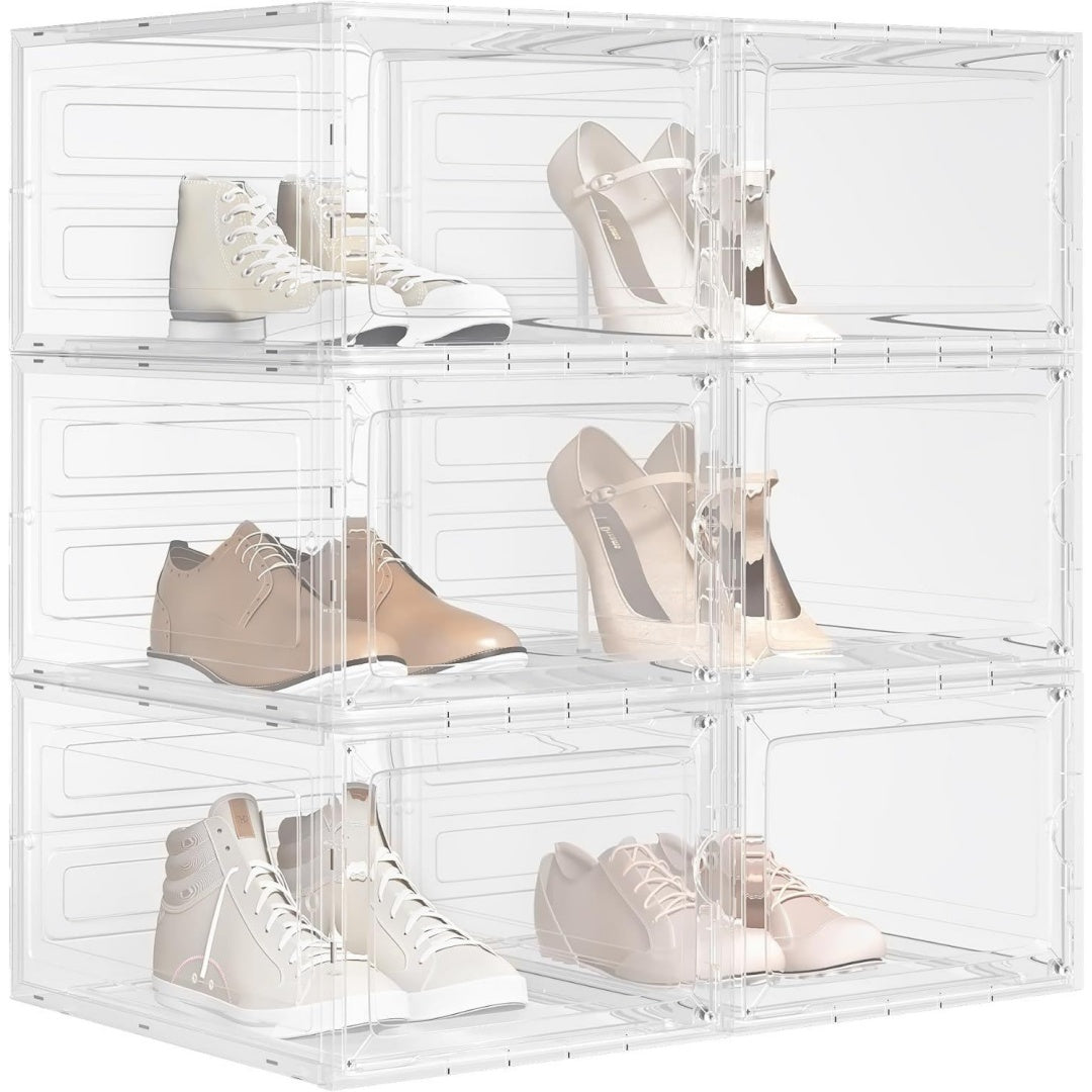 schuhboxen stapelbar 6er set schuhkarton mit magnetischer tuer schuhkasten schuhaufbewahrungsbox transparent fuer schuhe bis groesse 46 sneaker high heel aus kunststoff