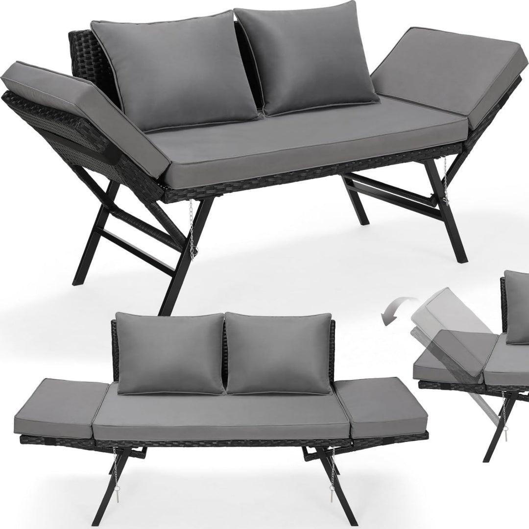 gartenbank polyrattan mit liegefunktion 2-sitzer polyrattan-moebel rattan gartensofa mit verstellbare armlehnen gartenbank wetterfest fuer terrasse gartenbalkon schwarz2pcs kissen