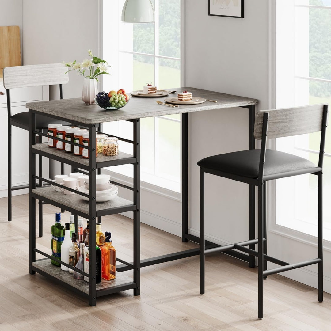 bartisch mit barhocker set stehtisch mit 2 barhockern und 3 seitenregalen 3 esstisch set kuechentisch sitzgruppe industriell fuer esszimmer kueche wohnzimmer grau