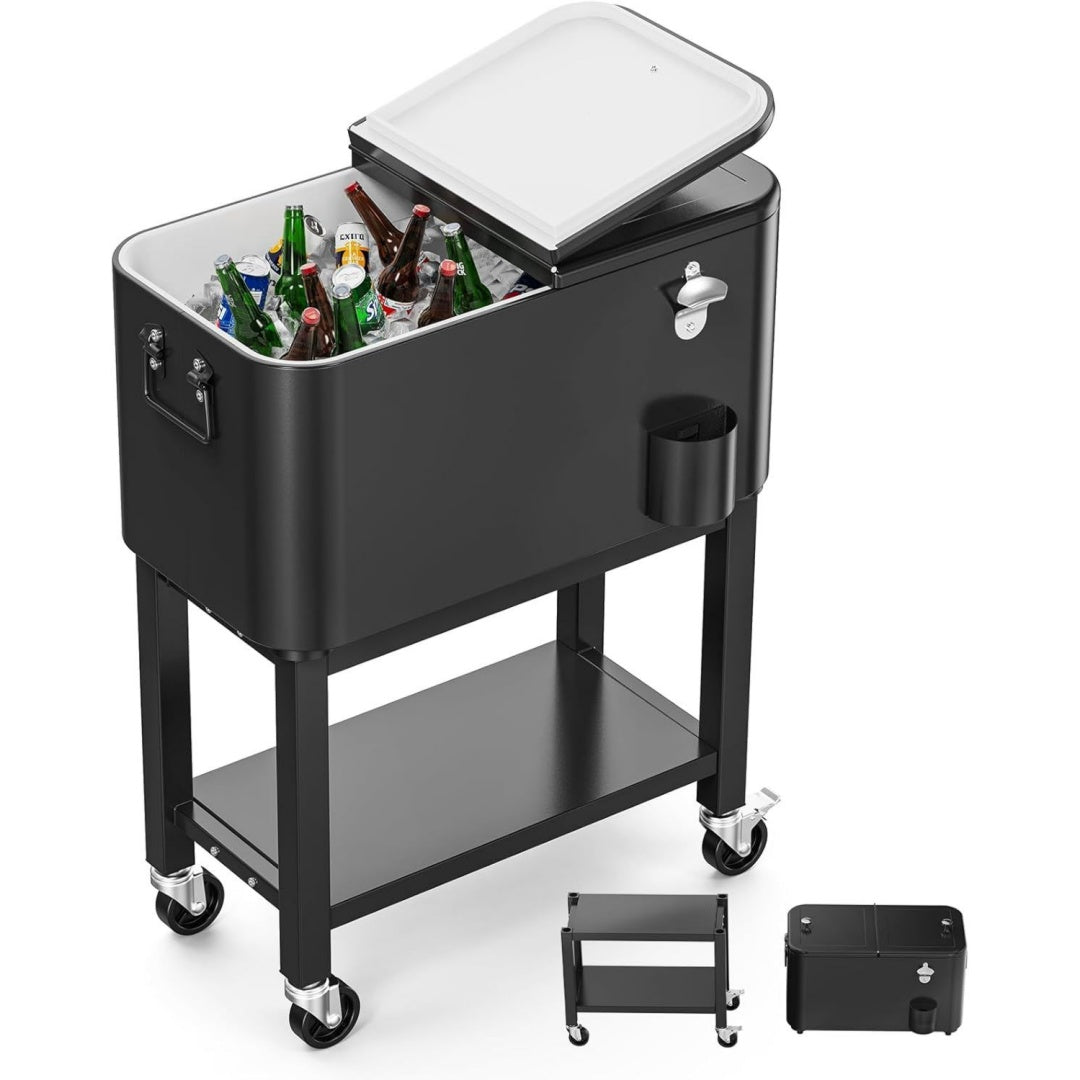 57l servierwagen mit rollen beistellwagen patio-kuehlwagen kuehlbox getraenkekuehler mit flaschenoeffner praktisch fuer outdoor-partys und bbqs 355 x 66 x 81 cm schwarz