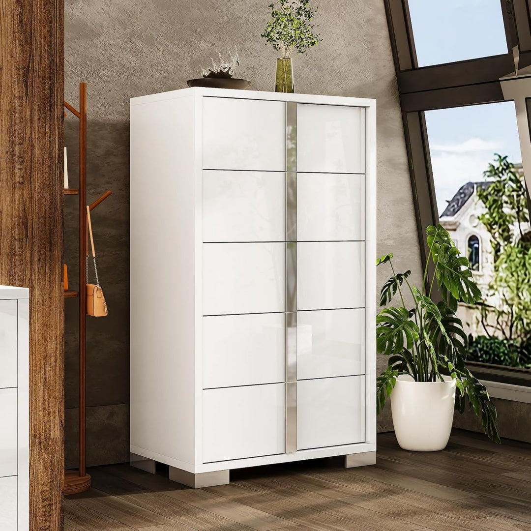 hohe kommode mit 5 schubladen weiss hochglanz verspiegelte griffleisten moderner stauraum schlafzimmer wohnzimmer platzsparendes hochformat