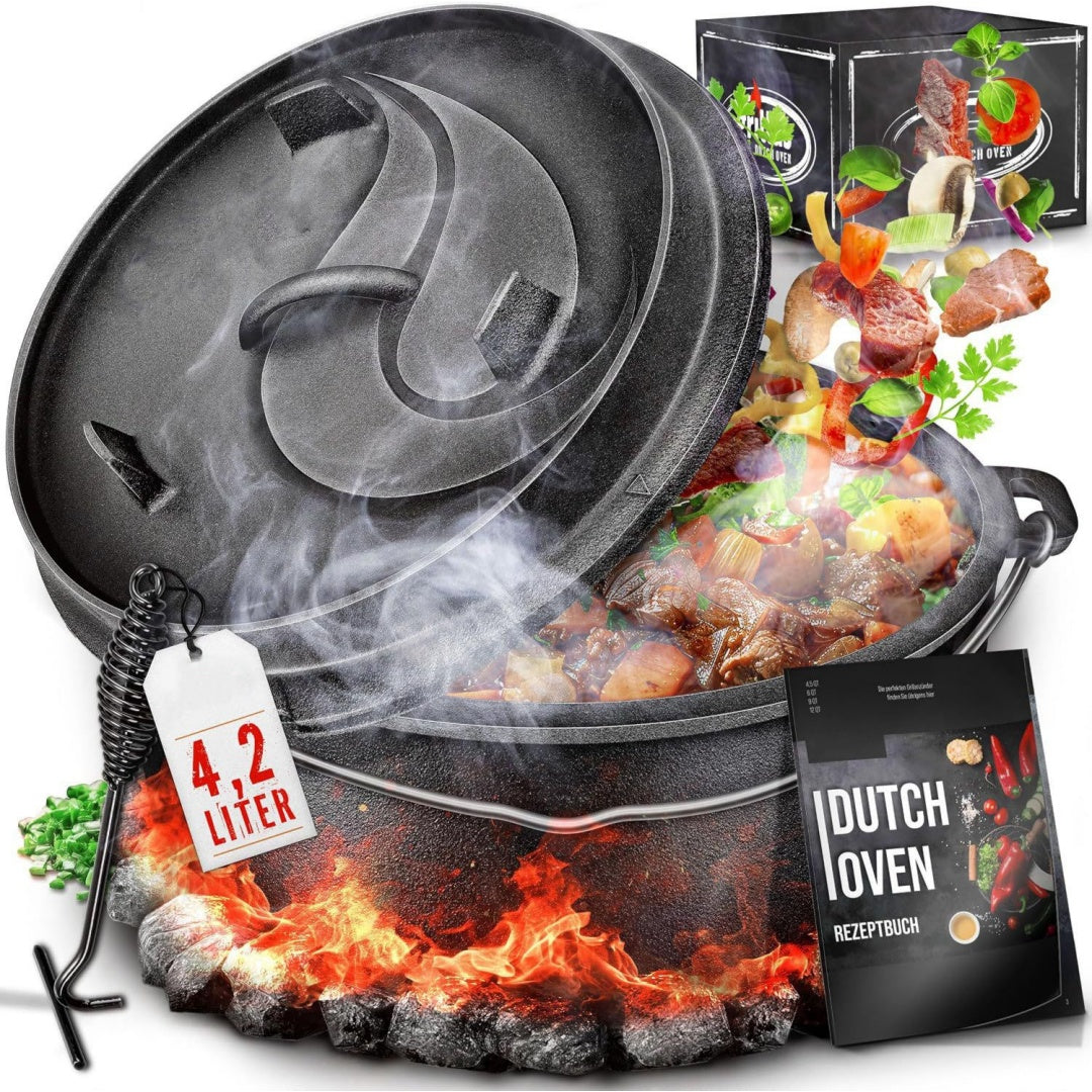 dutch oven set inkl rezeptideen 42 liter bereits eingebrannt feuertopf gusseisen fuer 2-5 personen i braeter mit fuessen deckelheber henkel fuer grill briketts lagerfeuer outdoor
