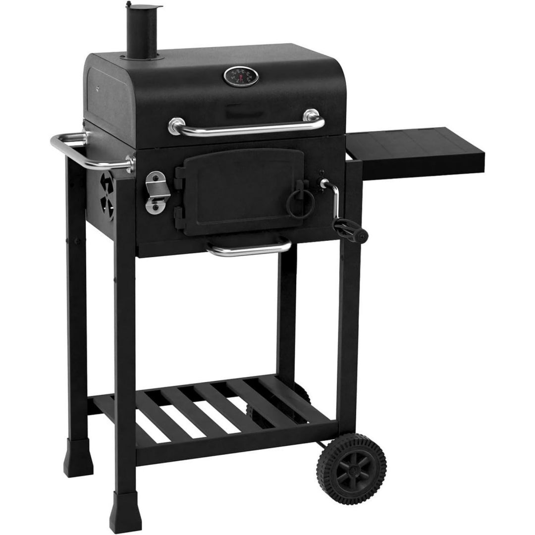 kompakter holzkohle-smoker grill mit seitentisch
