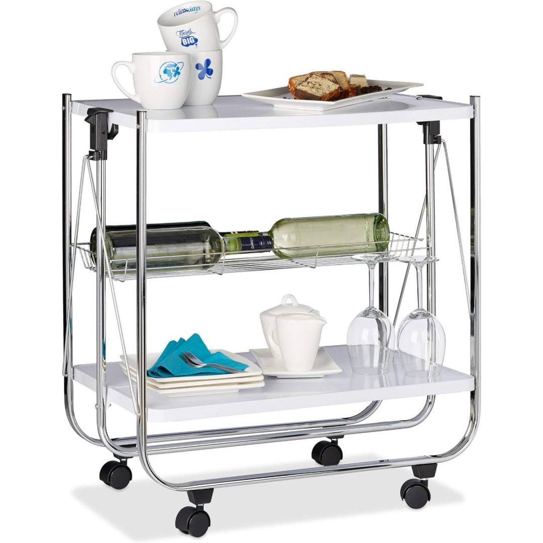 servierwagen klappbar weiss 4 rollen metall 2 boeden korb hxbxt 685 x 68 x 405 cm kuechenrollwagen weiss